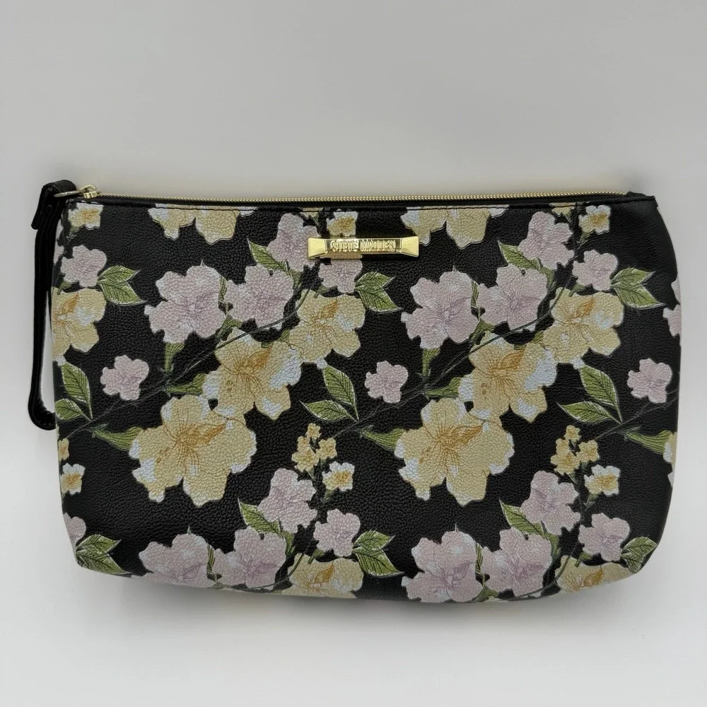 Steve Madden Floral Cosmetic Bag Clutch Black Zip Opening